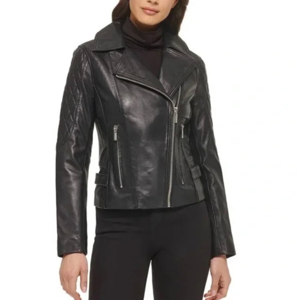 Guess Quilted Sleeve Leather Moto Jacket